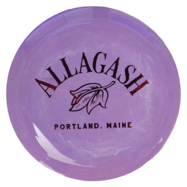Purple disc with multicolor text 'Allagash, Portland Maine' and leaf logo.
