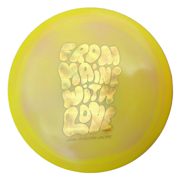 Yellow disc with gold text 'From Maine With Love'.