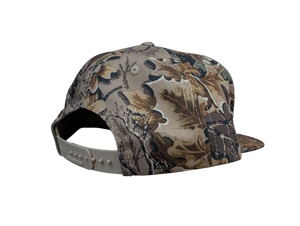 The back of a  camouflage-patterned cap on a white background