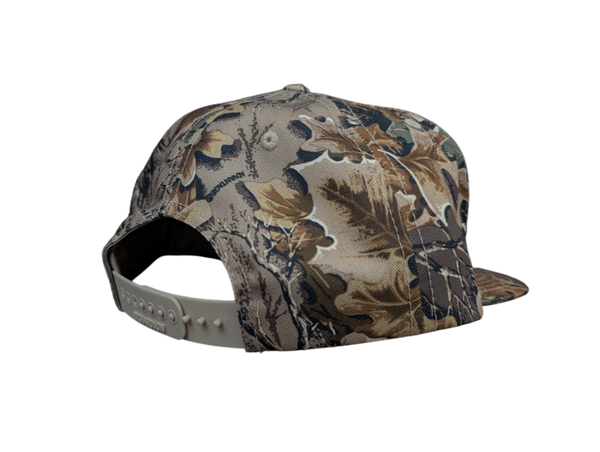 The back of a  camouflage-patterned cap on a white background